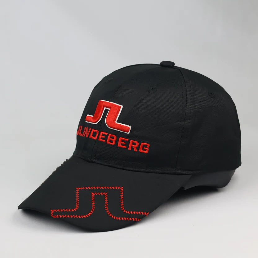 J.Lindeberg Embroidered Logo Golf Hat - Black Cap with Red Thrifted Cap