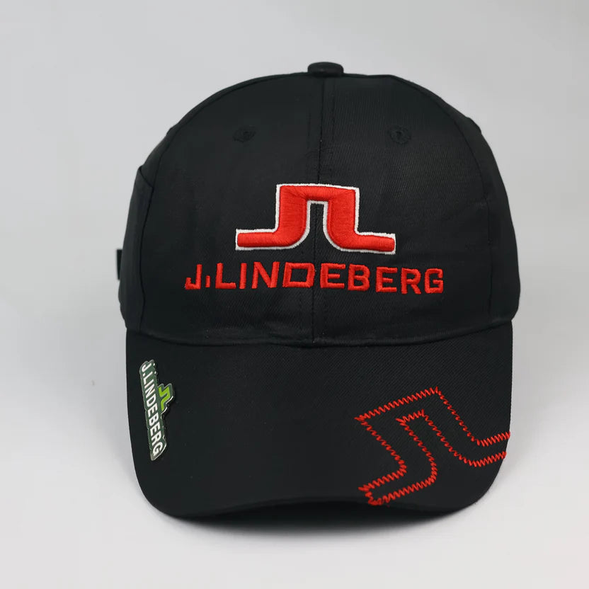 J.Lindeberg Embroidered Logo Golf Hat - Black Cap with Red Thrifted Cap