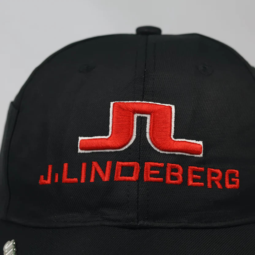 J.Lindeberg Embroidered Logo Golf Hat - Black Cap with Red Thrifted Cap