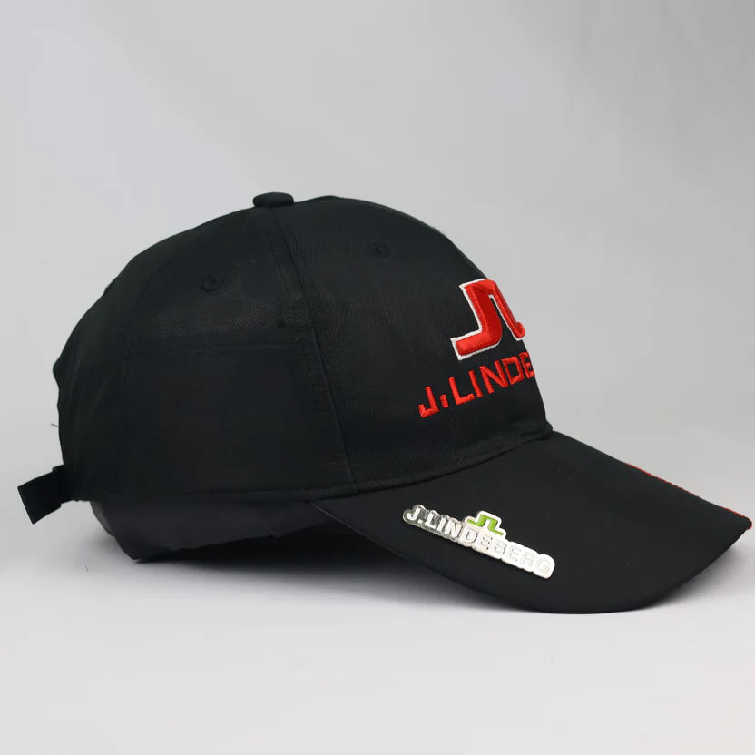 J.Lindeberg Embroidered Logo Golf Hat - Black Cap with Red Thrifted Cap