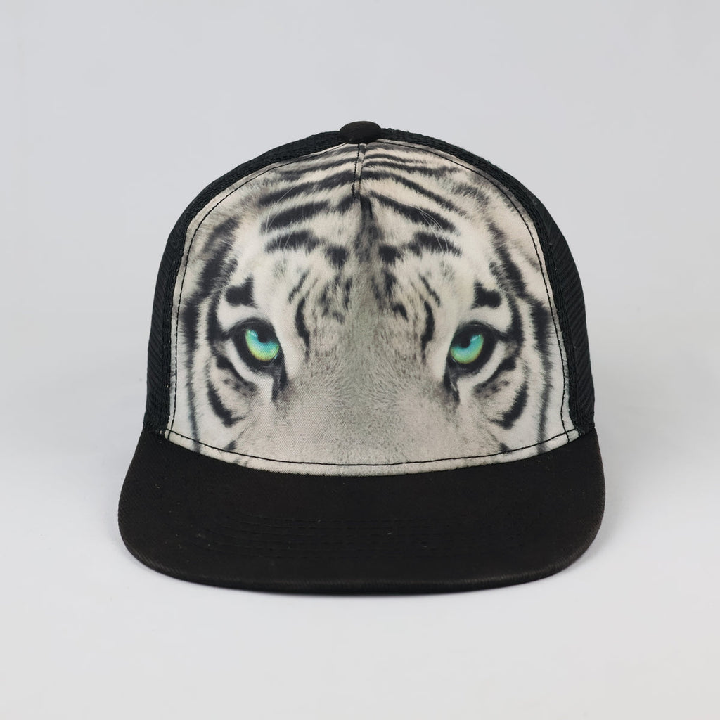Vintage Page One White Tiger Print Trucker Cap - Black Mesh Snapback