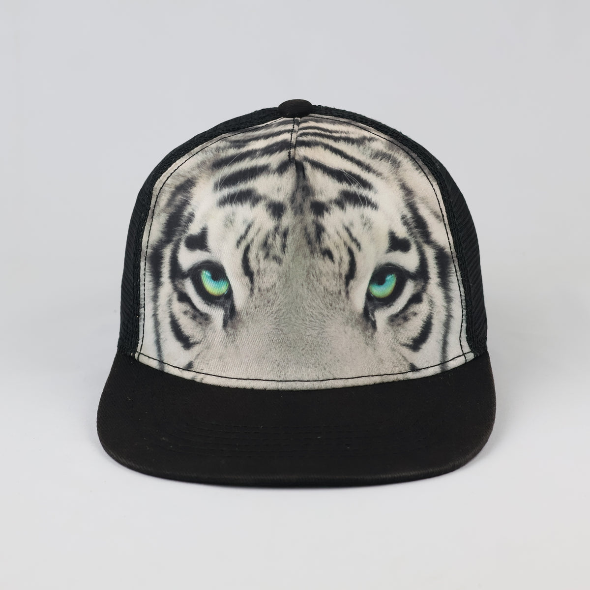 Vintage Page One White Tiger Print Trucker Cap - Black Mesh Snapback